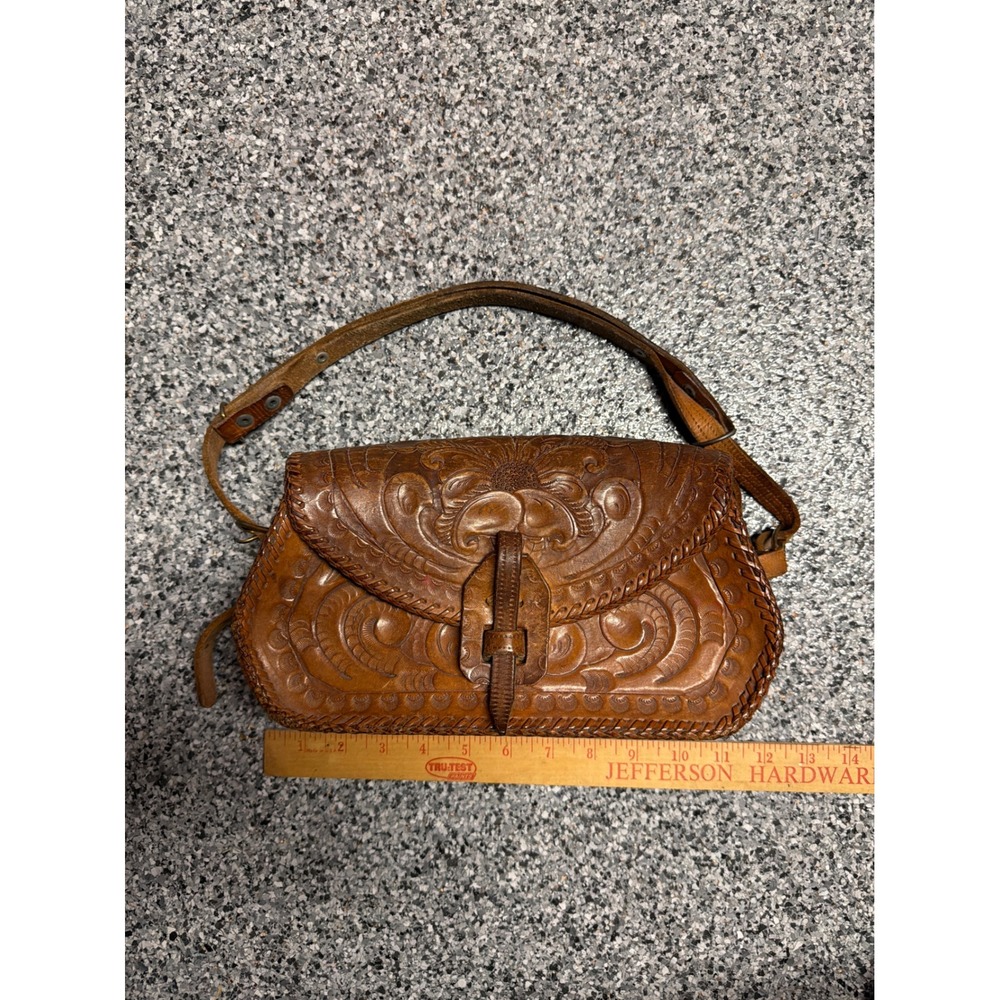 Vintage Hand Tooled Leather Floral Shoulder Bag Whipstitch Brown Western Boho